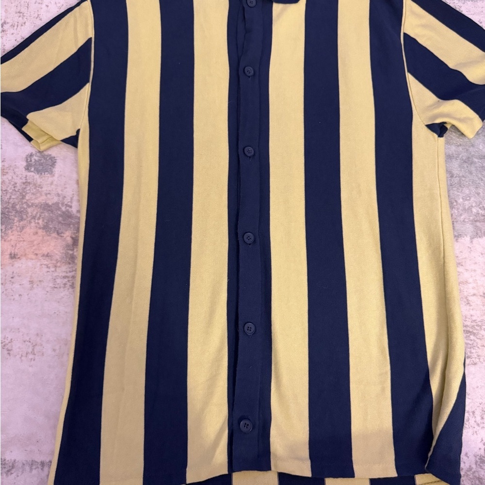 Zara Men's Short Sleeve Polo Shirt in Navy and Yellow Stripes